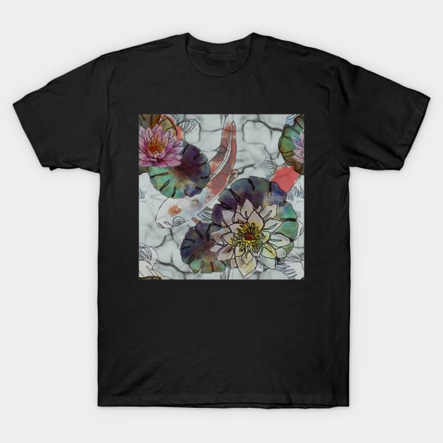 Lotus flowers White Marble Koi Fish T-Shirt by ArtInPi